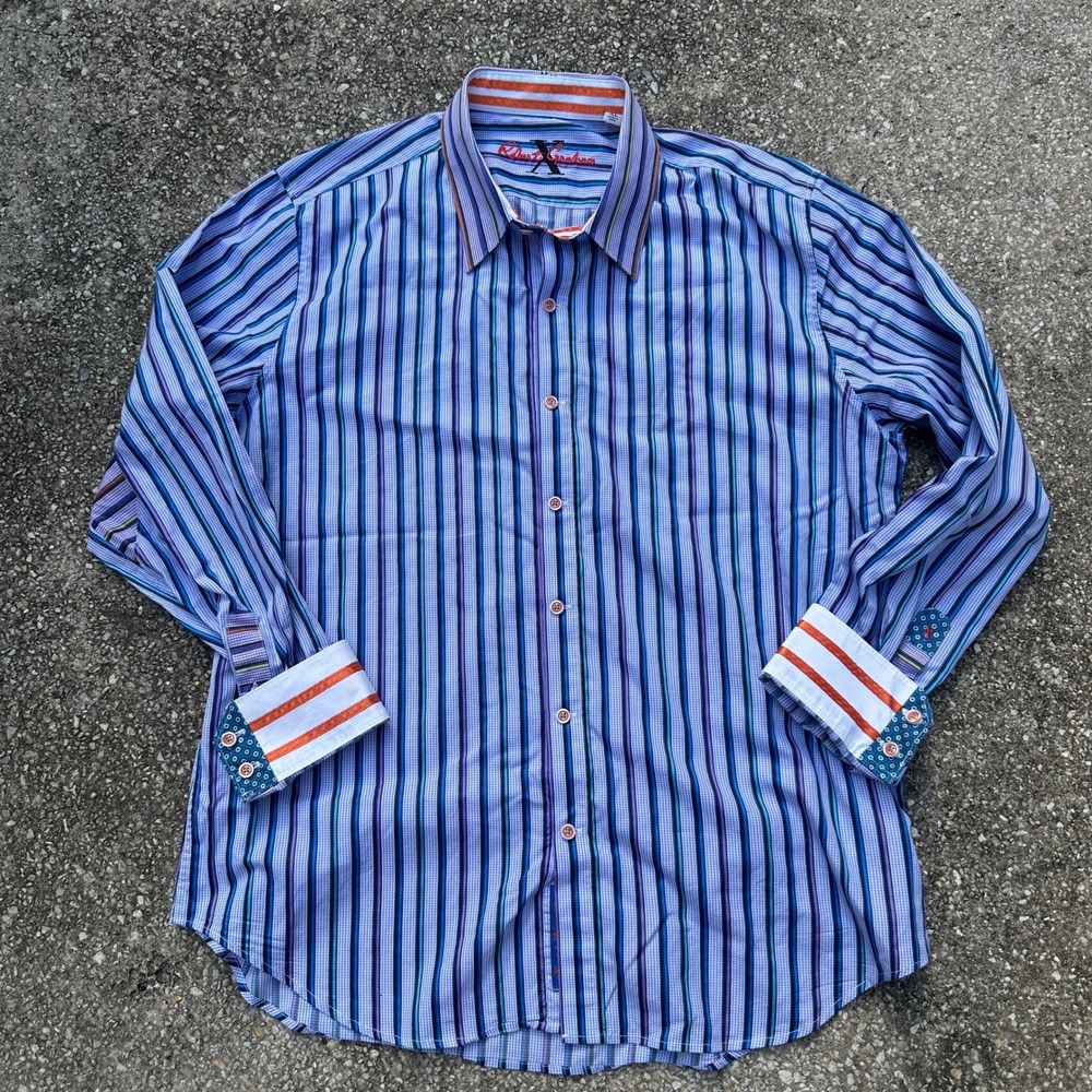 Robert Graham Mens XL Tailored Fit Button Down Shirt Blue Striped Flip Cuff